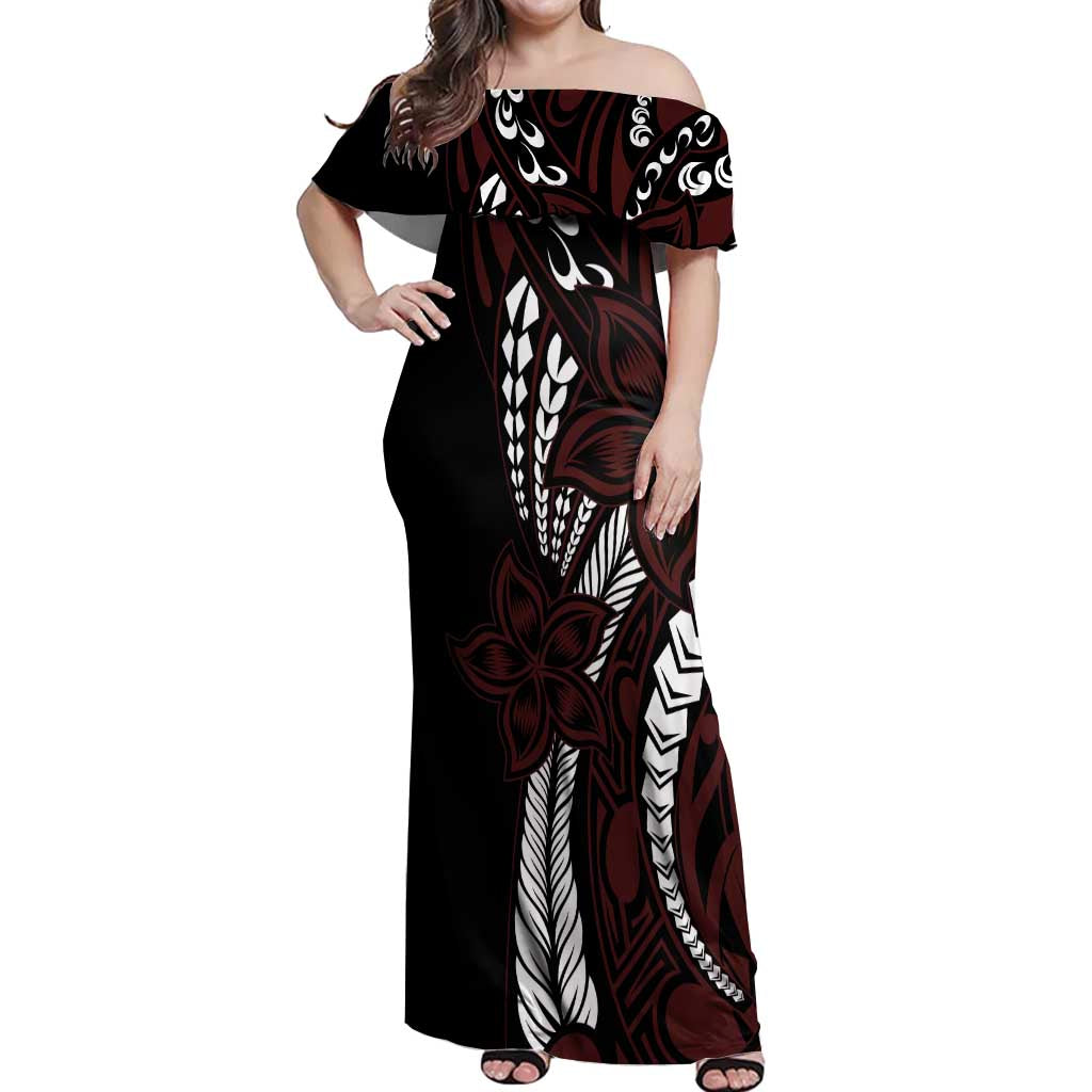 Polynesian Plumeria Floral Tattoo Pattern Off Shoulder Maxi Dress Oxblood Style LT9 Women Oxblood - Polynesian Pride