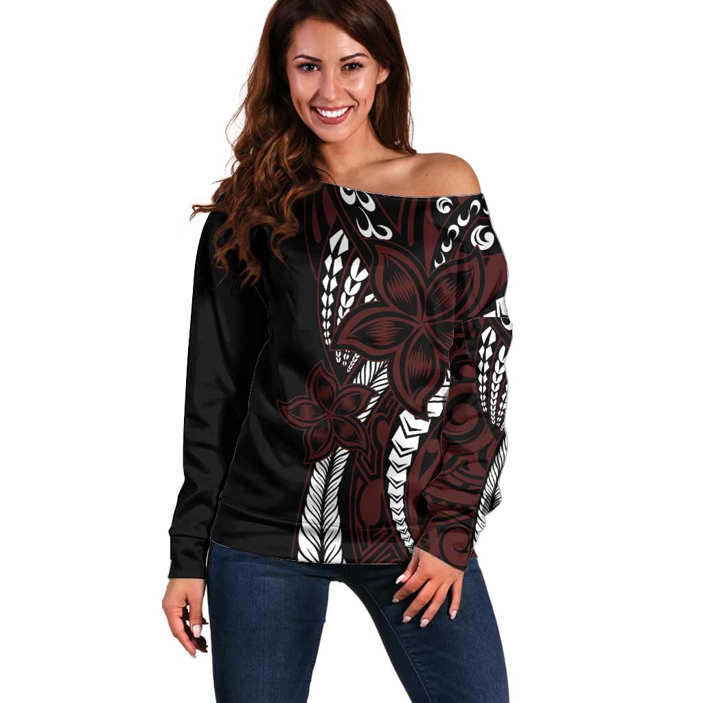 Polynesian Plumeria Floral Tattoo Pattern Off Shoulder Sweater Oxblood Style LT9 Women Oxblood - Polynesian Pride
