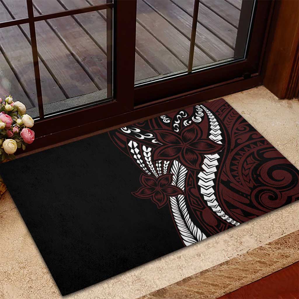Polynesian Plumeria Floral Tattoo Pattern Rubber Doormat Oxblood Style