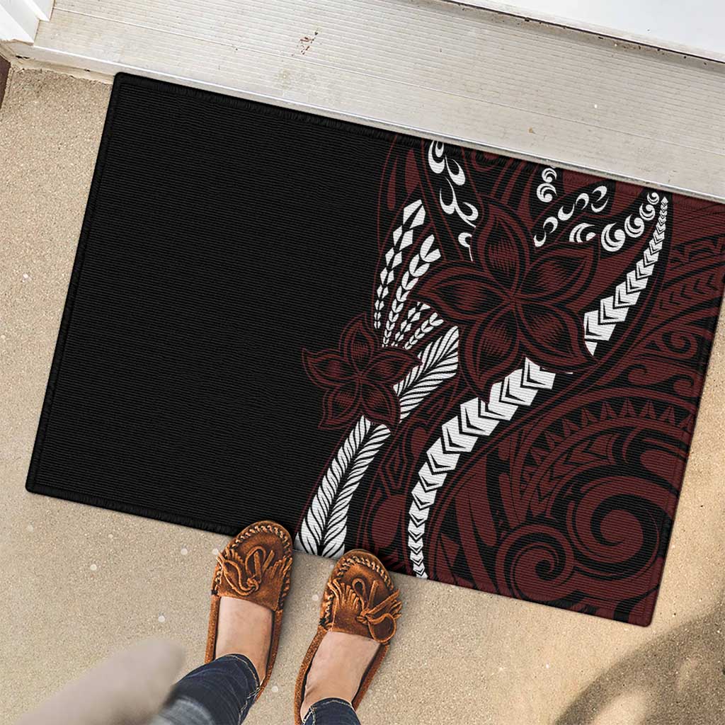 Polynesian Plumeria Floral Tattoo Pattern Rubber Doormat Oxblood Style