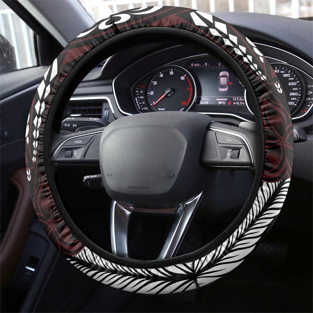 Polynesian Plumeria Floral Tattoo Pattern Steering Wheel Cover Oxblood Style