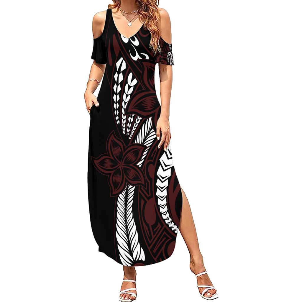 Polynesian Plumeria Floral Tattoo Pattern Summer Maxi Dress Oxblood Style LT9 Women Oxblood - Polynesian Pride