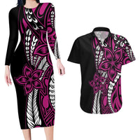 Polynesian Plumeria Floral Tattoo Pattern Couples Matching Long Sleeve Bodycon Dress and Hawaiian Shirt Pink Style LT9 Pink - Polynesian Pride