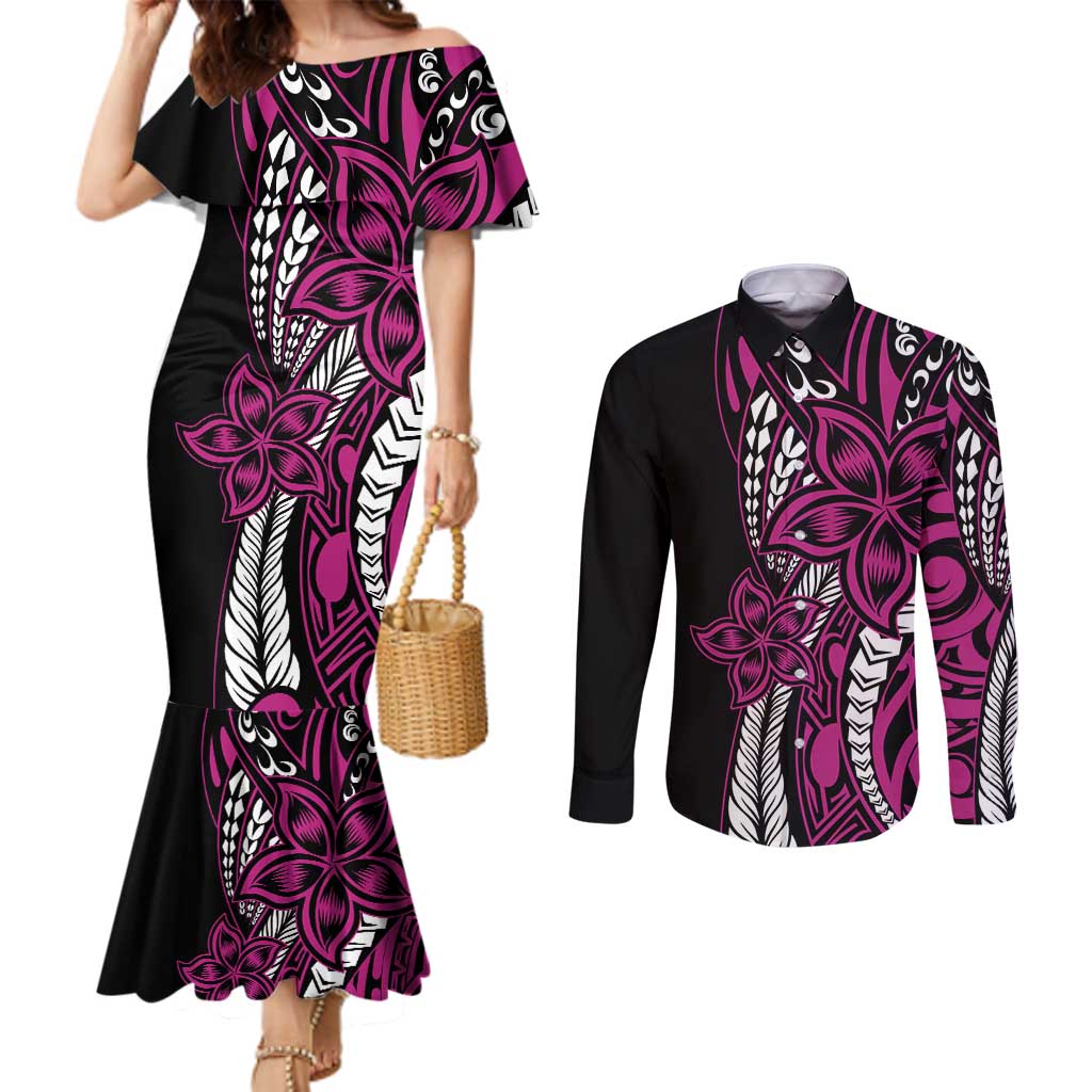 Polynesian Plumeria Floral Tattoo Pattern Couples Matching Mermaid Dress and Long Sleeve Button Shirt Pink Style