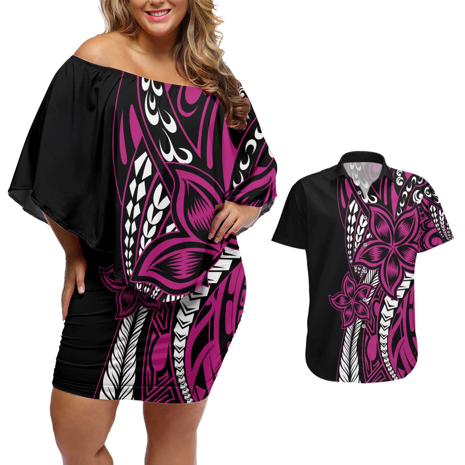 Polynesian Plumeria Floral Tattoo Pattern Couples Matching Off Shoulder Short Dress and Hawaiian Shirt Pink Style