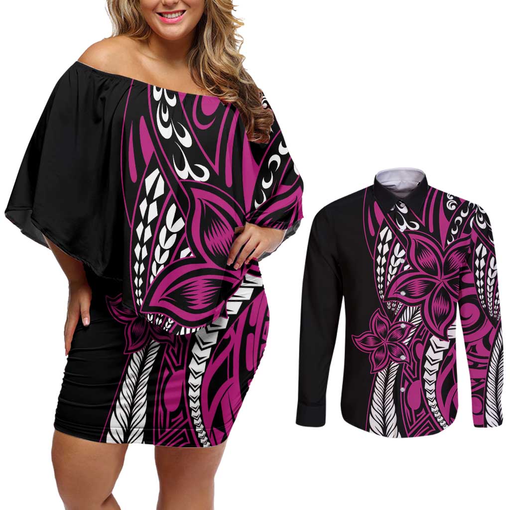 Polynesian Plumeria Floral Tattoo Pattern Couples Matching Off Shoulder Short Dress and Long Sleeve Button Shirt Pink Style