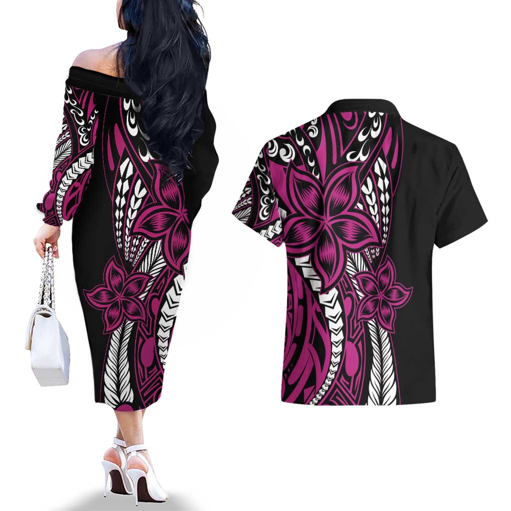 Polynesian Plumeria Floral Tattoo Pattern Couples Matching Off The Shoulder Long Sleeve Dress and Hawaiian Shirt Pink Style LT9 - Polynesian Pride