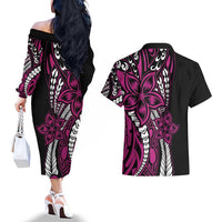 Polynesian Plumeria Floral Tattoo Pattern Couples Matching Off The Shoulder Long Sleeve Dress and Hawaiian Shirt Pink Style LT9 - Polynesian Pride