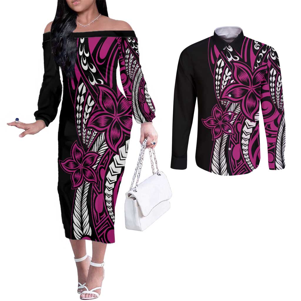 Polynesian Plumeria Floral Tattoo Pattern Couples Matching Off The Shoulder Long Sleeve Dress and Long Sleeve Button Shirt Pink Style LT9 Pink - Polynesian Pride