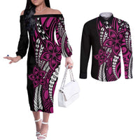 Polynesian Plumeria Floral Tattoo Pattern Couples Matching Off The Shoulder Long Sleeve Dress and Long Sleeve Button Shirt Pink Style LT9 Pink - Polynesian Pride