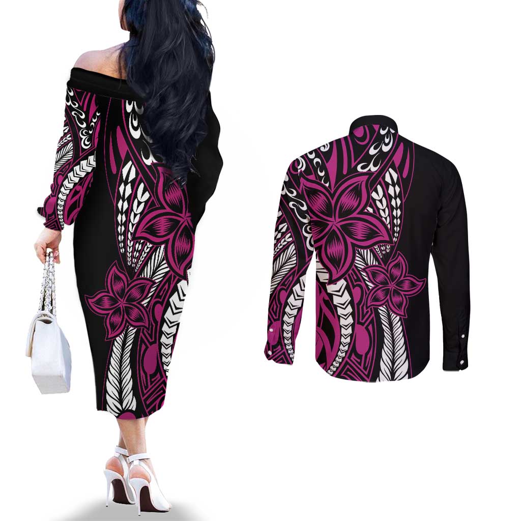 Polynesian Plumeria Floral Tattoo Pattern Couples Matching Off The Shoulder Long Sleeve Dress and Long Sleeve Button Shirt Pink Style LT9 - Polynesian Pride