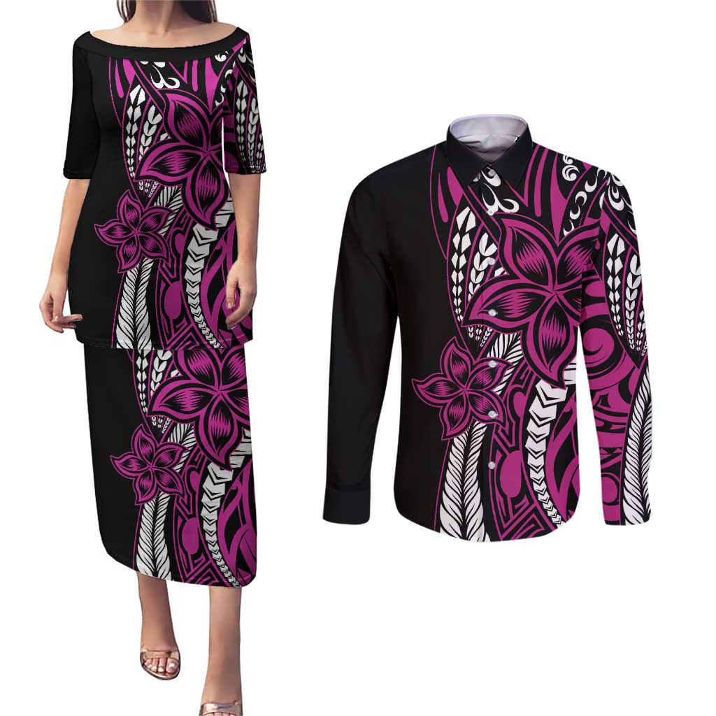 Polynesian Plumeria Floral Tattoo Pattern Couples Matching Puletasi and Long Sleeve Button Shirt Pink Style