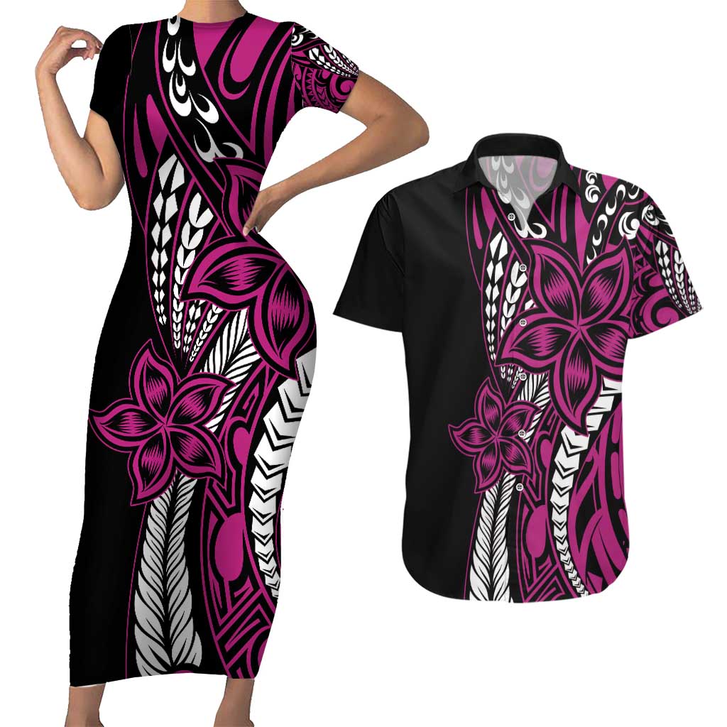 Polynesian Plumeria Floral Tattoo Pattern Couples Matching Short Sleeve Bodycon Dress and Hawaiian Shirt Pink Style LT9 Pink - Polynesian Pride