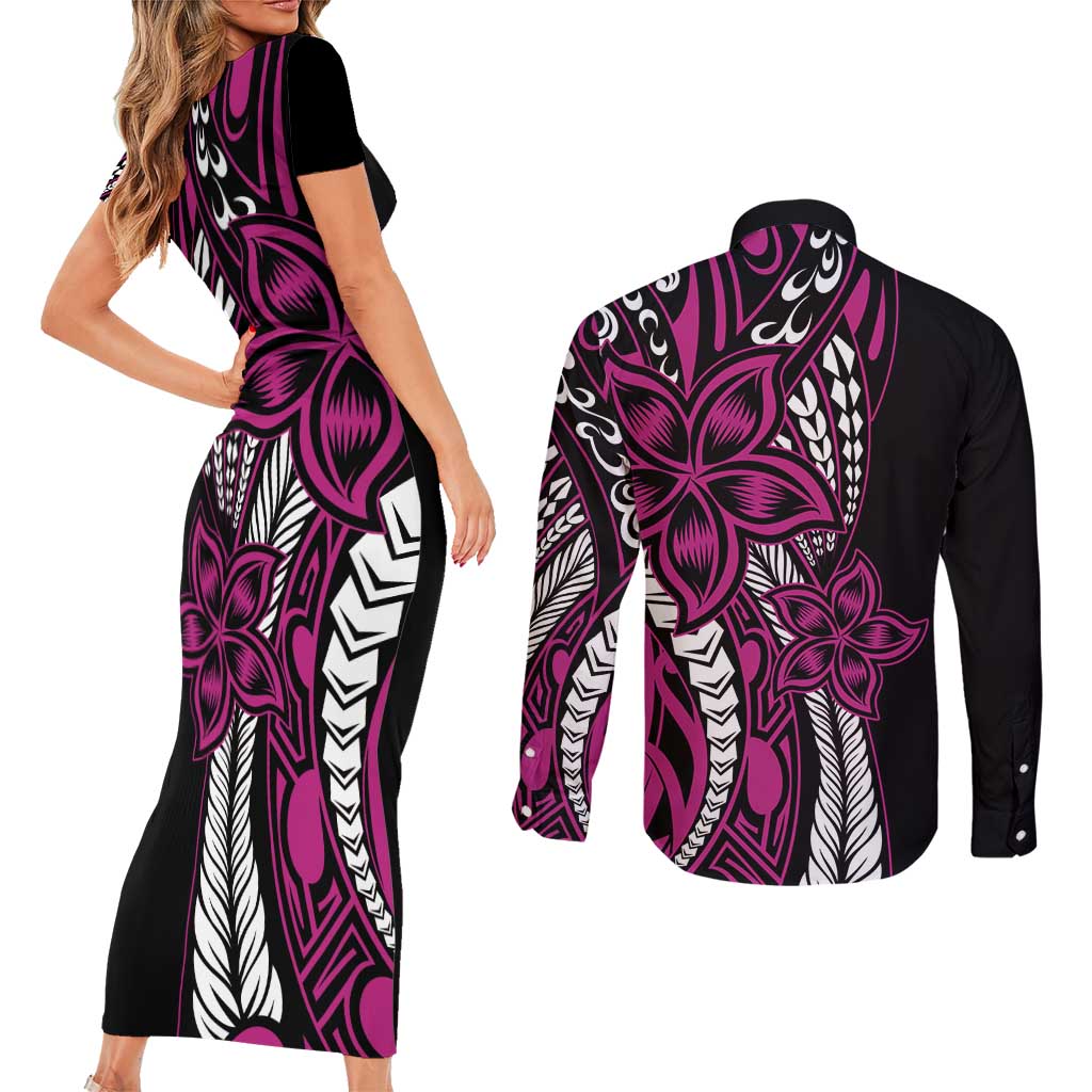 Polynesian Plumeria Floral Tattoo Pattern Couples Matching Short Sleeve Bodycon Dress and Long Sleeve Button Shirt Pink Style LT9 - Polynesian Pride