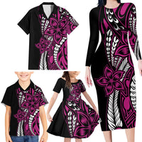 Polynesian Plumeria Floral Tattoo Pattern Family Matching Long Sleeve Bodycon Dress and Hawaiian Shirt Pink Style LT9 - Polynesian Pride