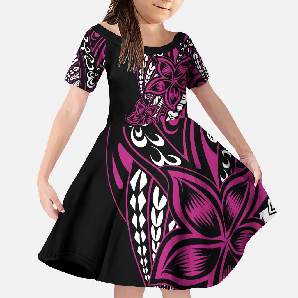 Polynesian Plumeria Floral Tattoo Pattern Family Matching Off Shoulder Maxi Dress and Hawaiian Shirt Pink Style LT9 Daughter's Dress Pink - Polynesian Pride