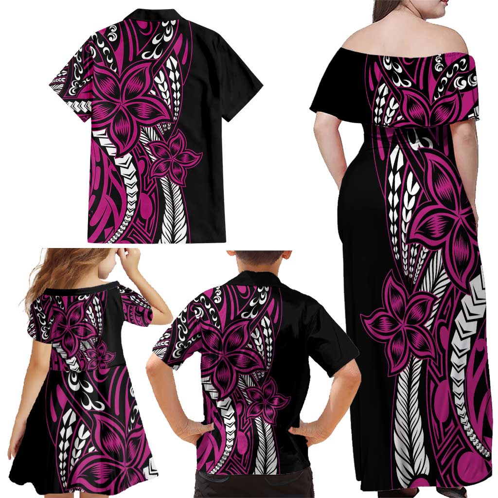 Polynesian Plumeria Floral Tattoo Pattern Family Matching Off Shoulder Maxi Dress and Hawaiian Shirt Pink Style LT9 - Polynesian Pride