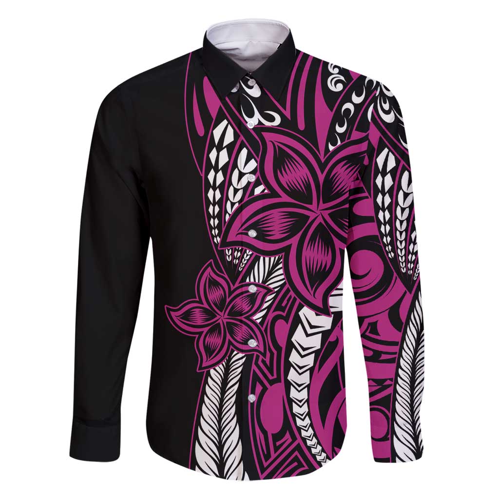 Polynesian Plumeria Floral Tattoo Pattern Family Matching Off Shoulder Maxi Dress and Hawaiian Shirt Pink Style LT9 Dad's Shirt - Long Sleeve Pink - Polynesian Pride