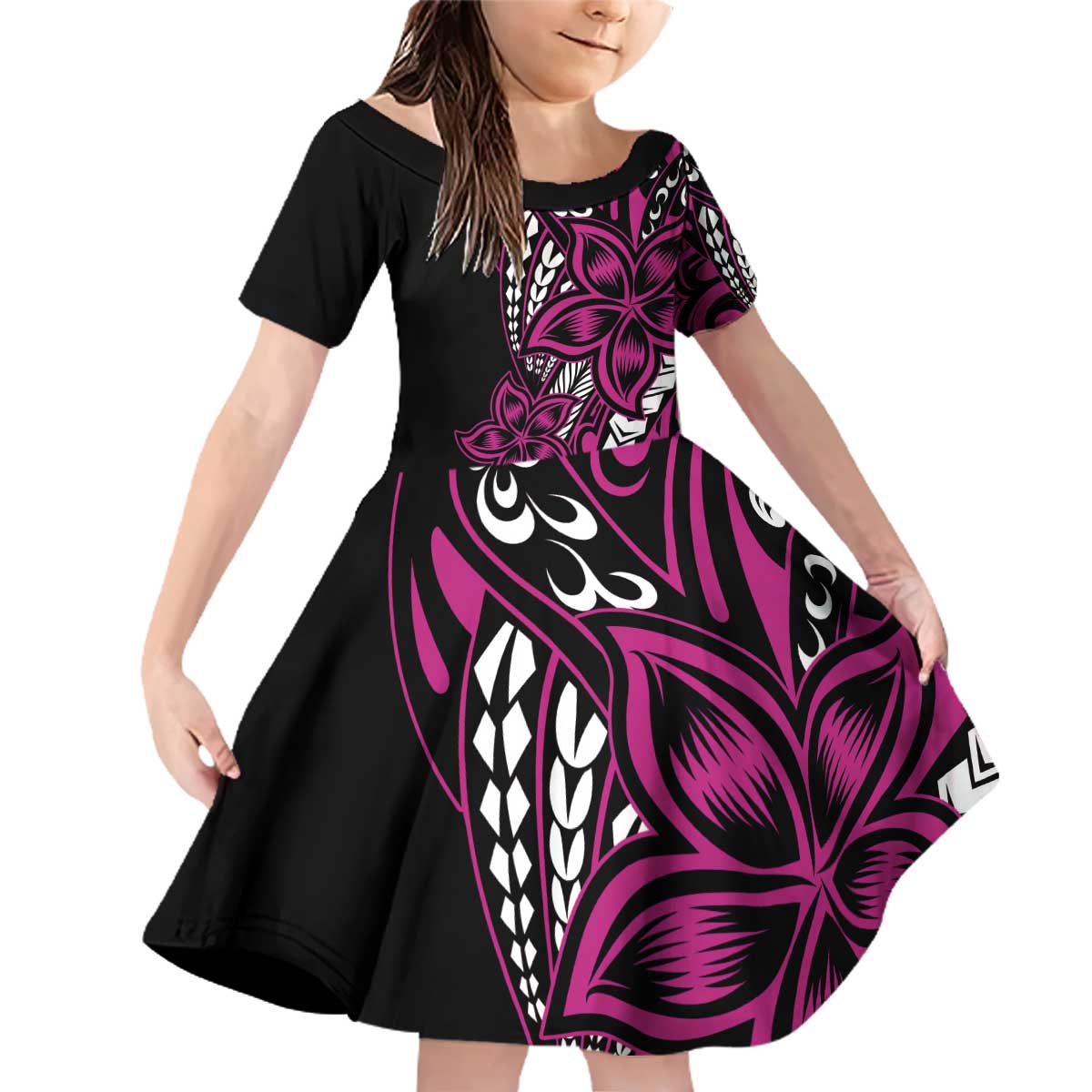 Polynesian Plumeria Floral Tattoo Pattern Family Matching Off Shoulder Short Dress and Hawaiian Shirt Pink Style LT9 Daughter's Dress Pink - Polynesian Pride