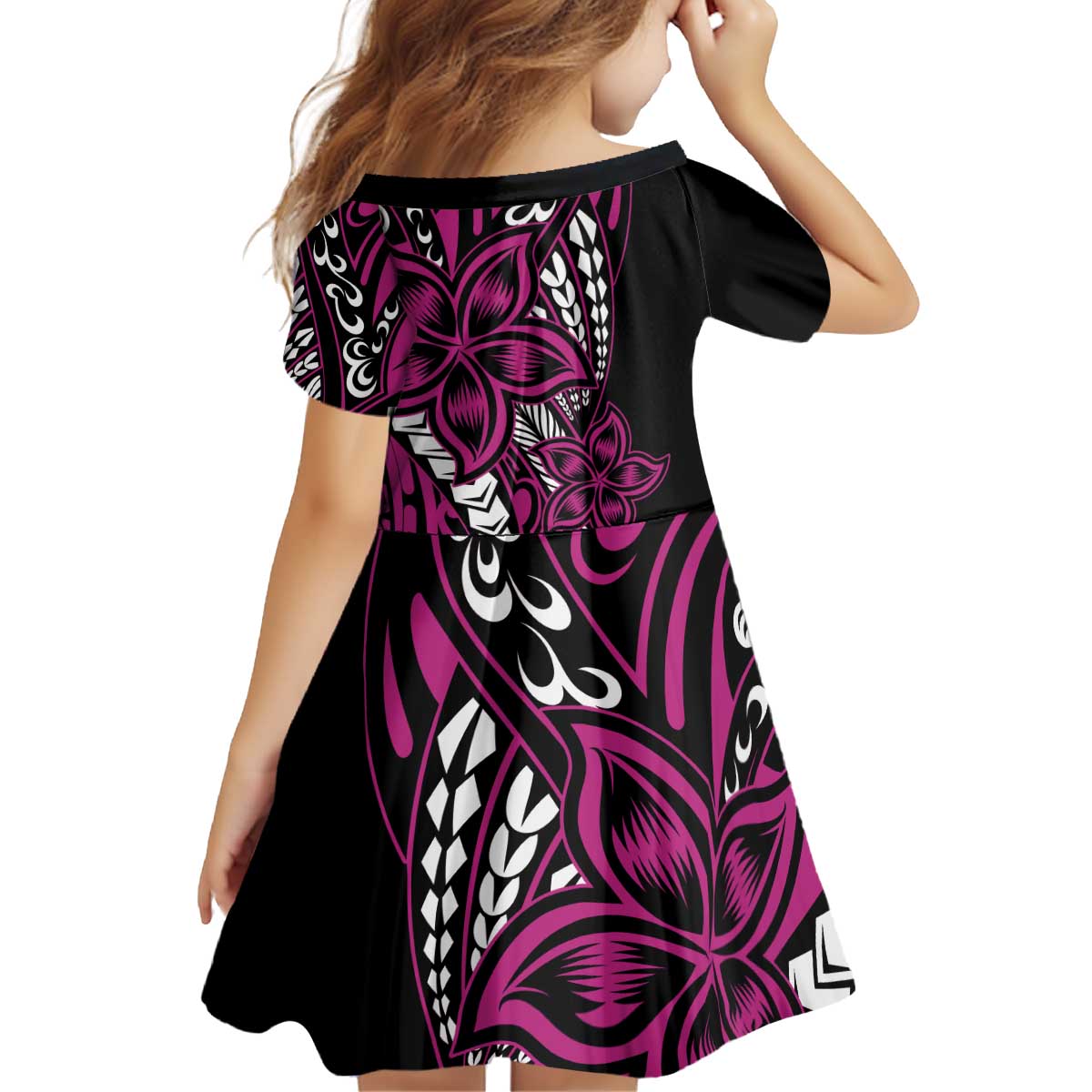 Polynesian Plumeria Floral Tattoo Pattern Family Matching Off Shoulder Short Dress and Hawaiian Shirt Pink Style LT9 - Polynesian Pride