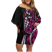 Polynesian Plumeria Floral Tattoo Pattern Family Matching Off Shoulder Short Dress and Hawaiian Shirt Pink Style LT9 Mom's Dress Pink - Polynesian Pride