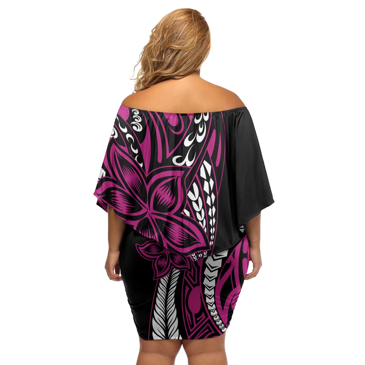 Polynesian Plumeria Floral Tattoo Pattern Family Matching Off Shoulder Short Dress and Hawaiian Shirt Pink Style LT9 - Polynesian Pride