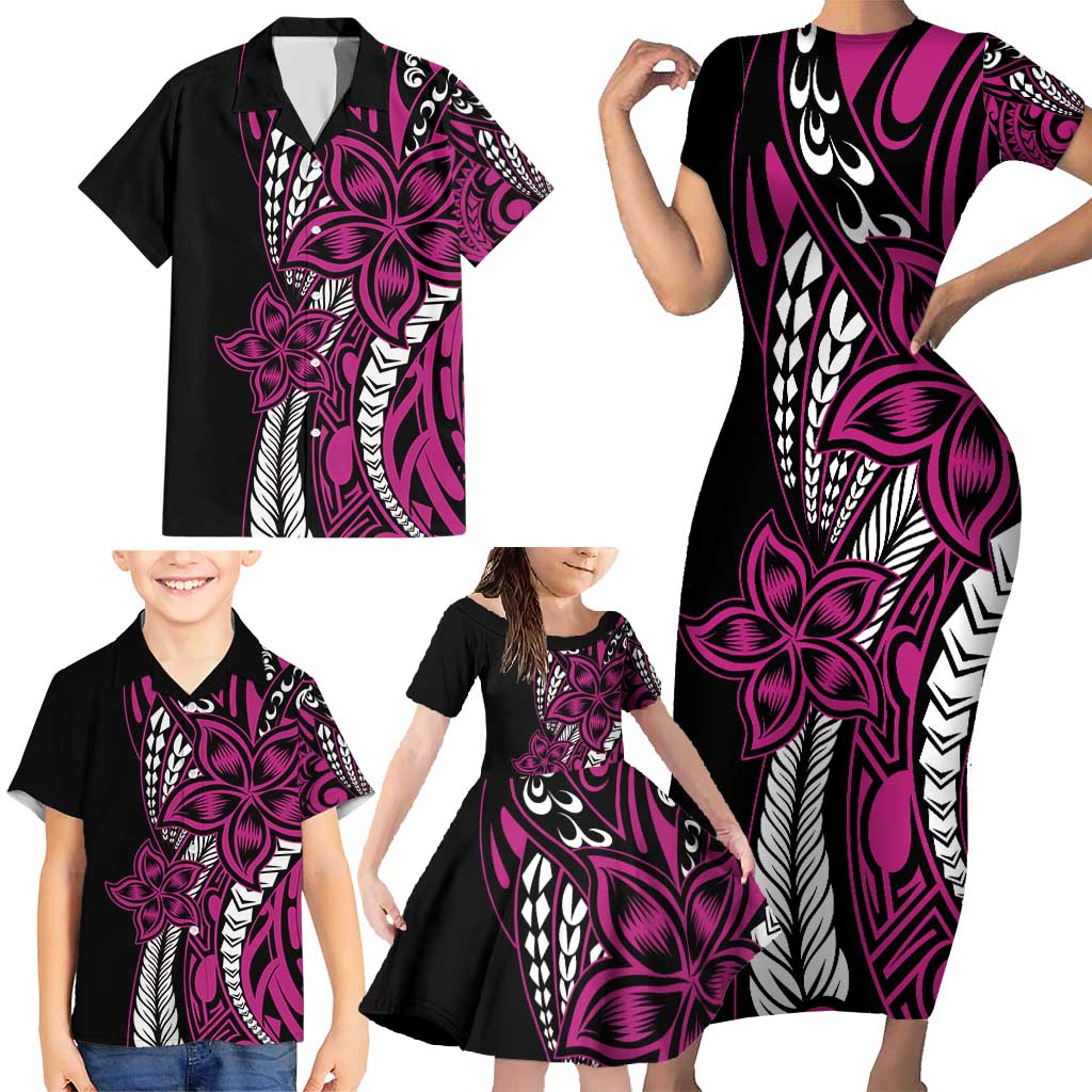 Polynesian Plumeria Floral Tattoo Pattern Family Matching Short Sleeve Bodycon Dress and Hawaiian Shirt Pink Style LT9 - Polynesian Pride