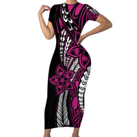 Polynesian Plumeria Floral Tattoo Pattern Family Matching Short Sleeve Bodycon Dress and Hawaiian Shirt Pink Style LT9 Mom's Dress Pink - Polynesian Pride