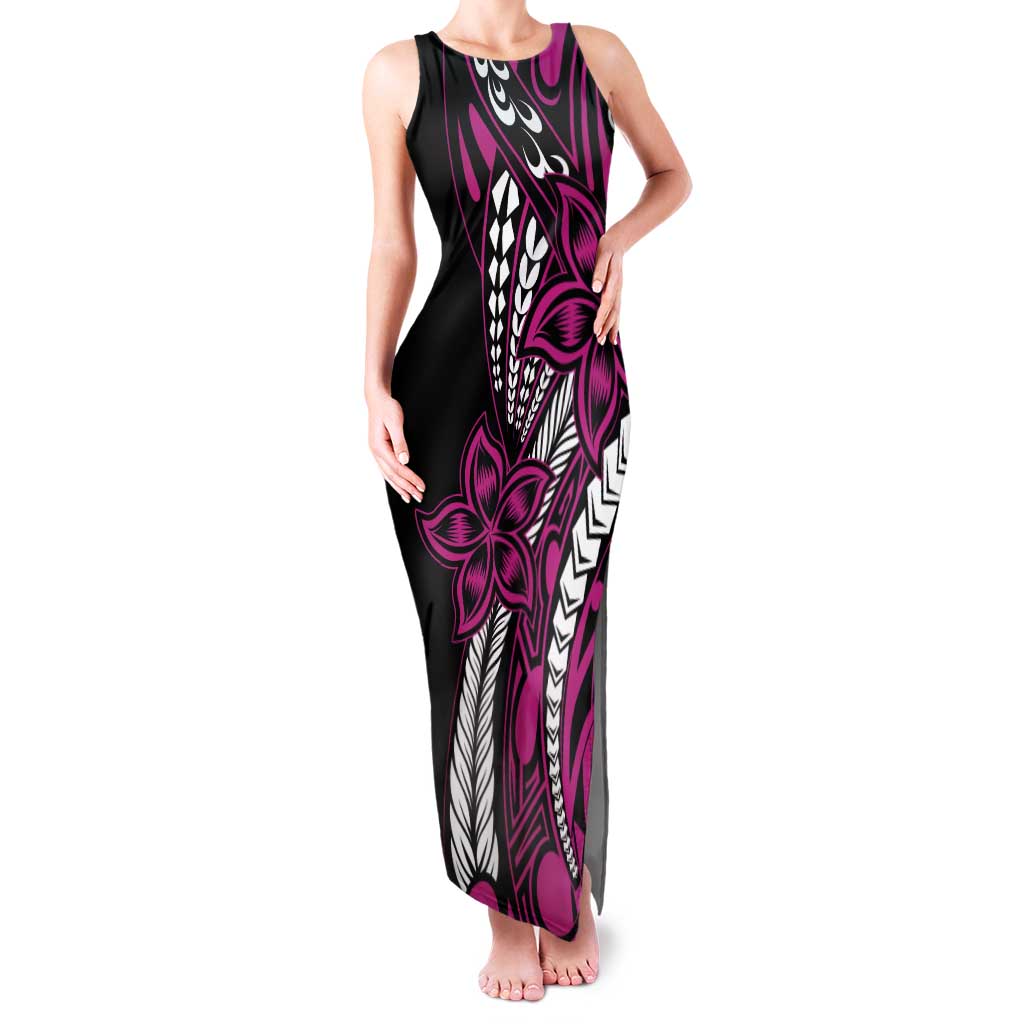 Polynesian Plumeria Floral Tattoo Pattern Family Matching Tank Maxi Dress and Hawaiian Shirt Pink Style LT9 Mom's Dress Pink - Polynesian Pride