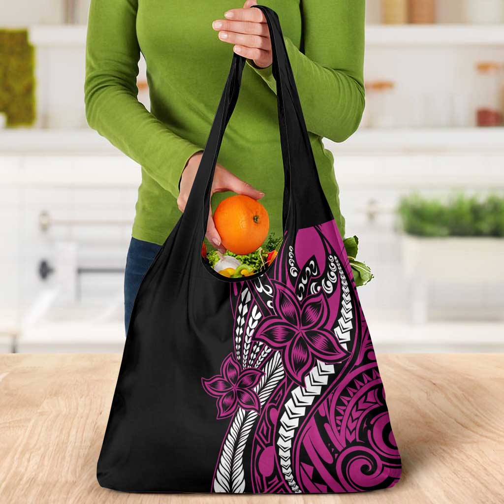 Polynesian Plumeria Floral Tattoo Pattern Grocery Bag Pink Style
