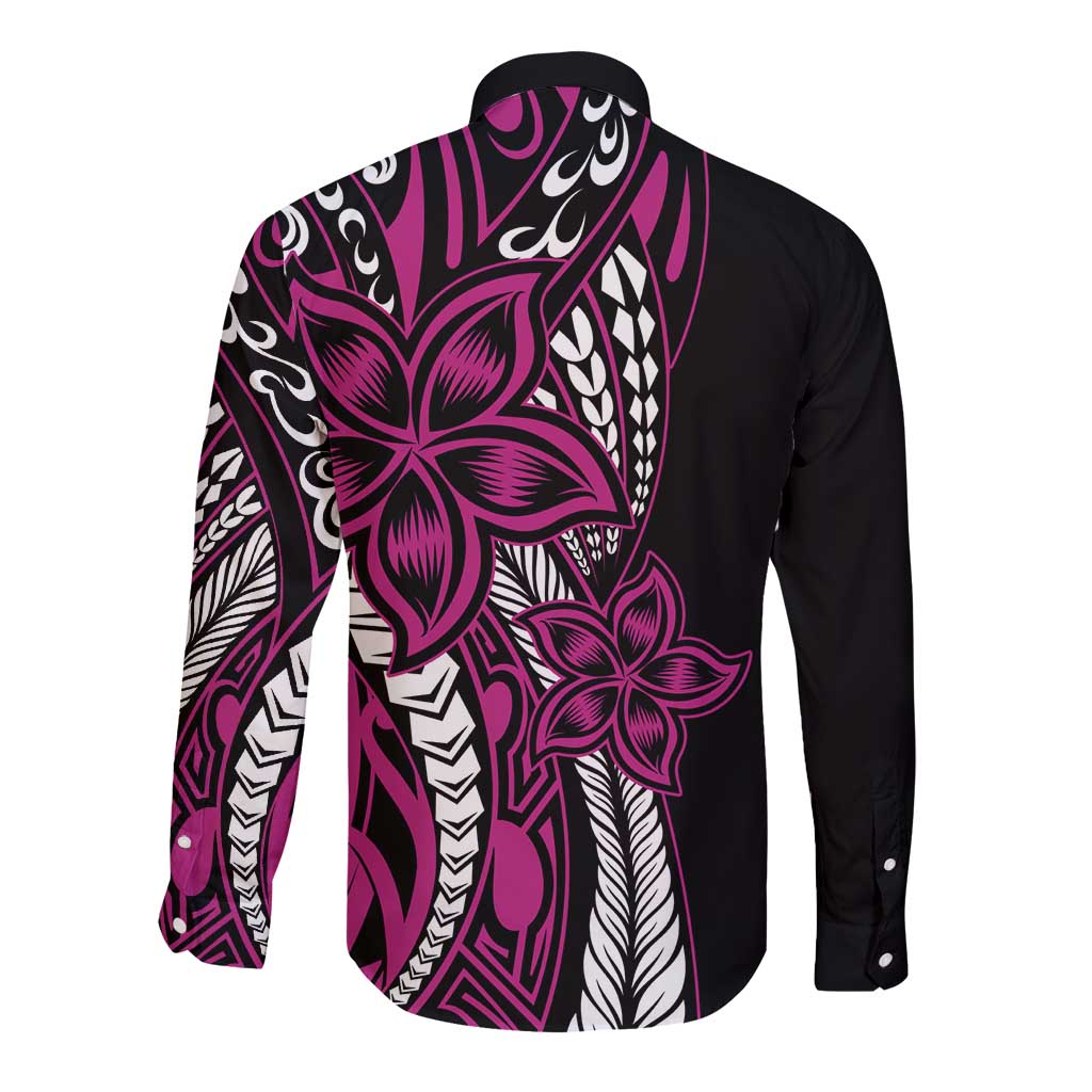 Polynesian Plumeria Floral Tattoo Pattern Long Sleeve Button Shirt Pink Style