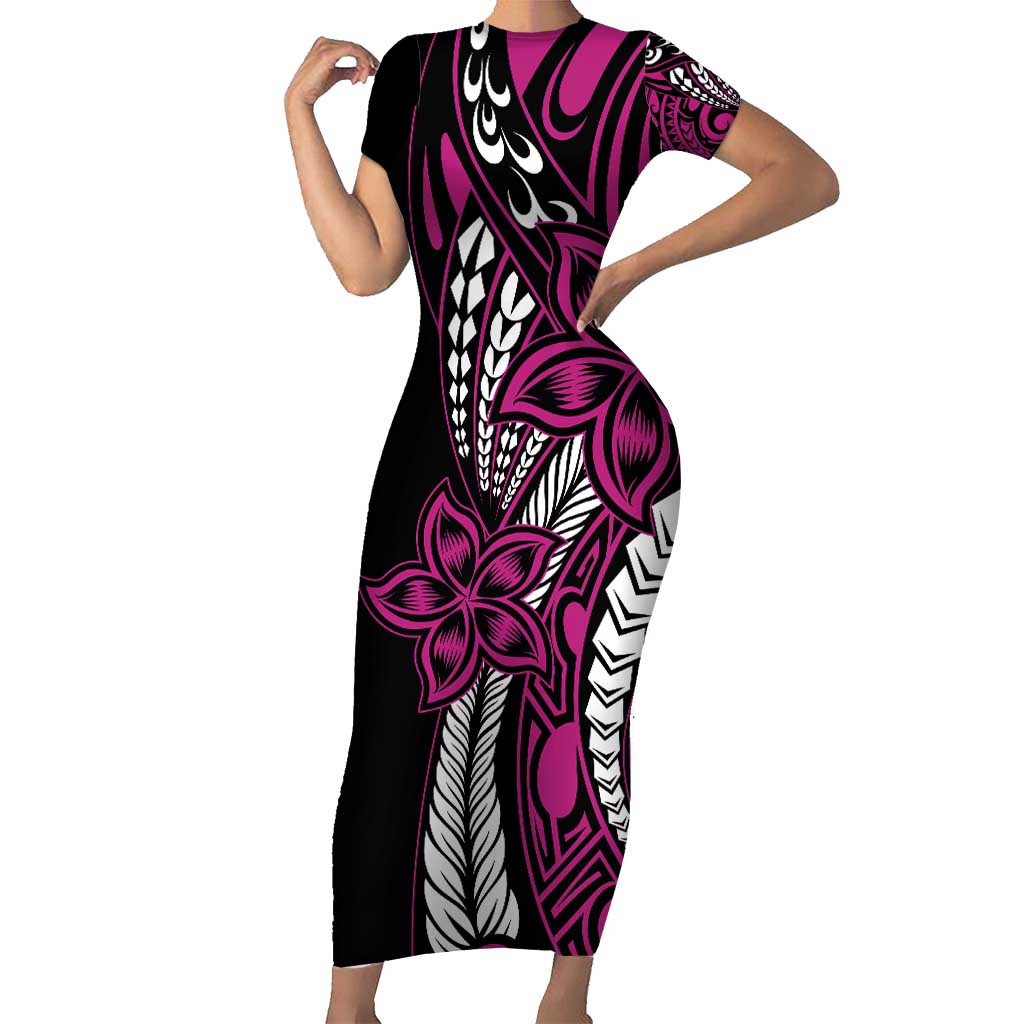 Polynesian Plumeria Floral Tattoo Pattern Short Sleeve Bodycon Dress Pink Style