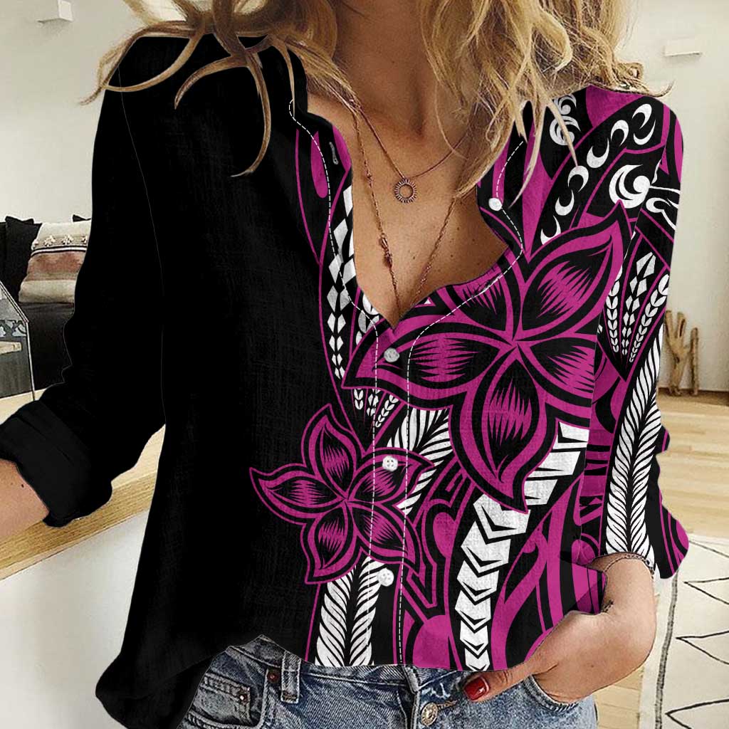 Polynesian Plumeria Floral Tattoo Pattern Women Casual Shirt Pink Style LT9 Female Pink - Polynesian Pride