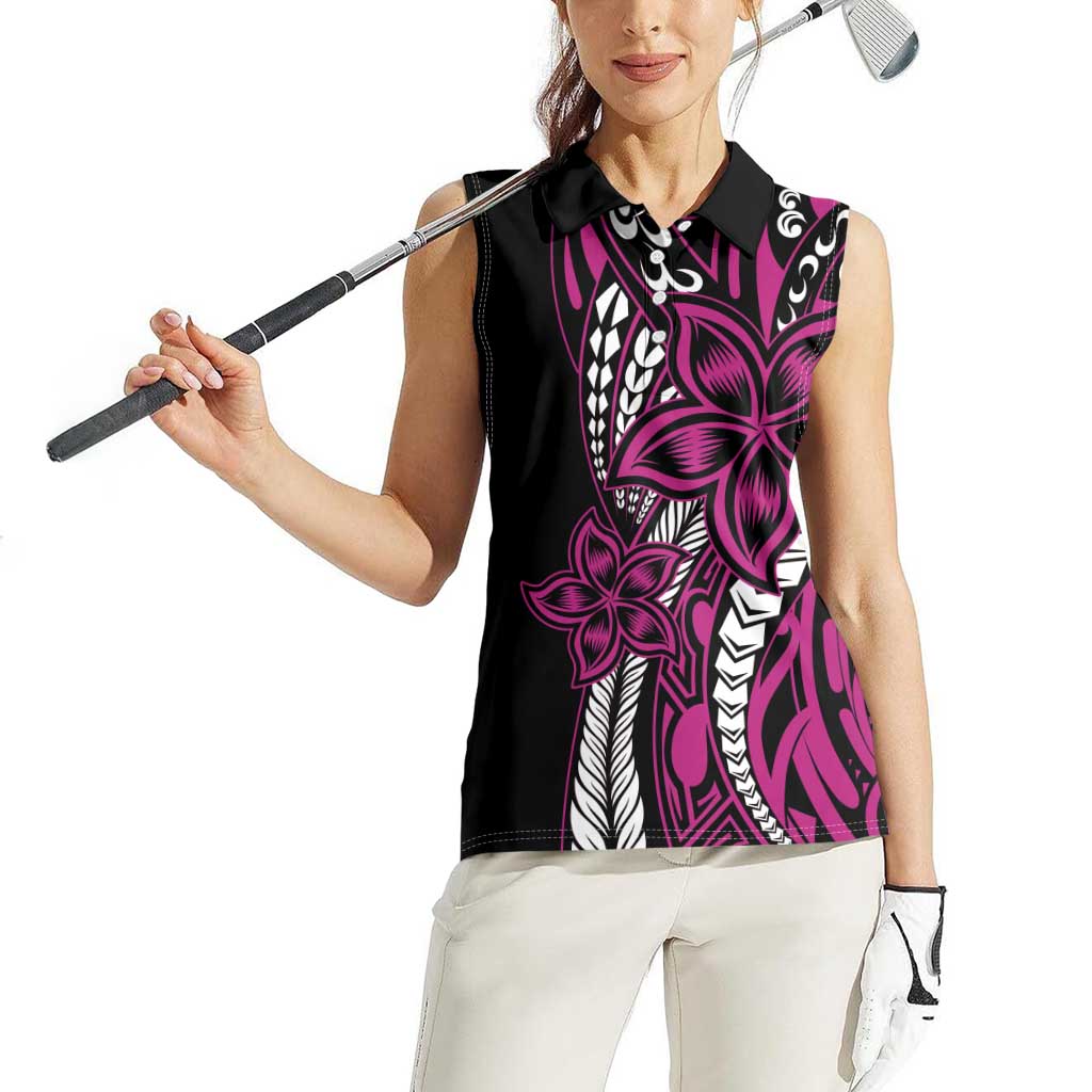 Polynesian Plumeria Floral Tattoo Pattern Women Sleeveless Polo Shirt Pink Style