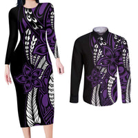Polynesian Plumeria Floral Tattoo Pattern Couples Matching Long Sleeve Bodycon Dress and Long Sleeve Button Shirt Purple Style LT9 Purple - Polynesian Pride