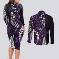 Polynesian Plumeria Floral Tattoo Pattern Couples Matching Long Sleeve Bodycon Dress and Long Sleeve Button Shirt Purple Style LT9 - Polynesian Pride