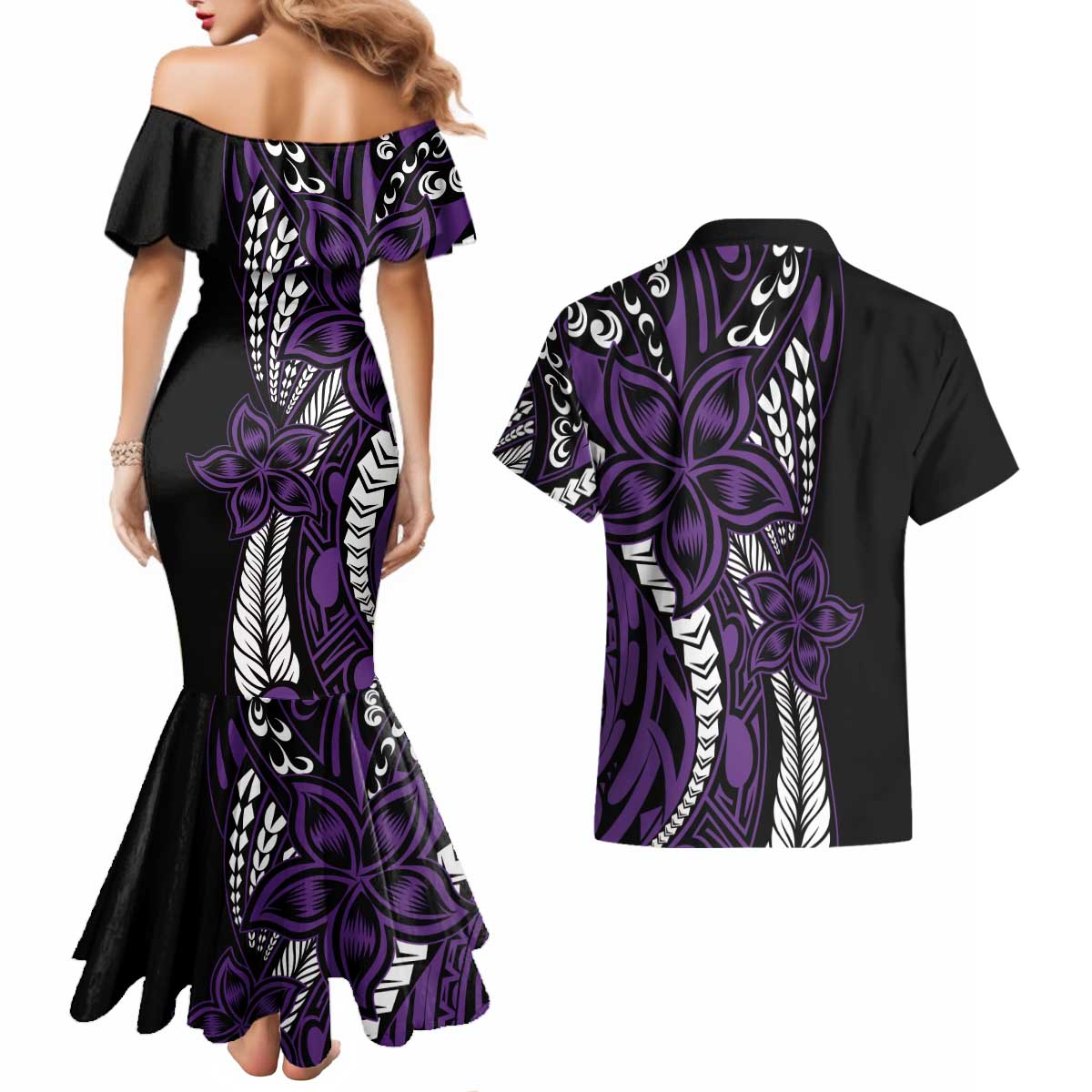 Polynesian Plumeria Floral Tattoo Pattern Couples Matching Mermaid Dress and Hawaiian Shirt Purple Style LT9 - Polynesian Pride