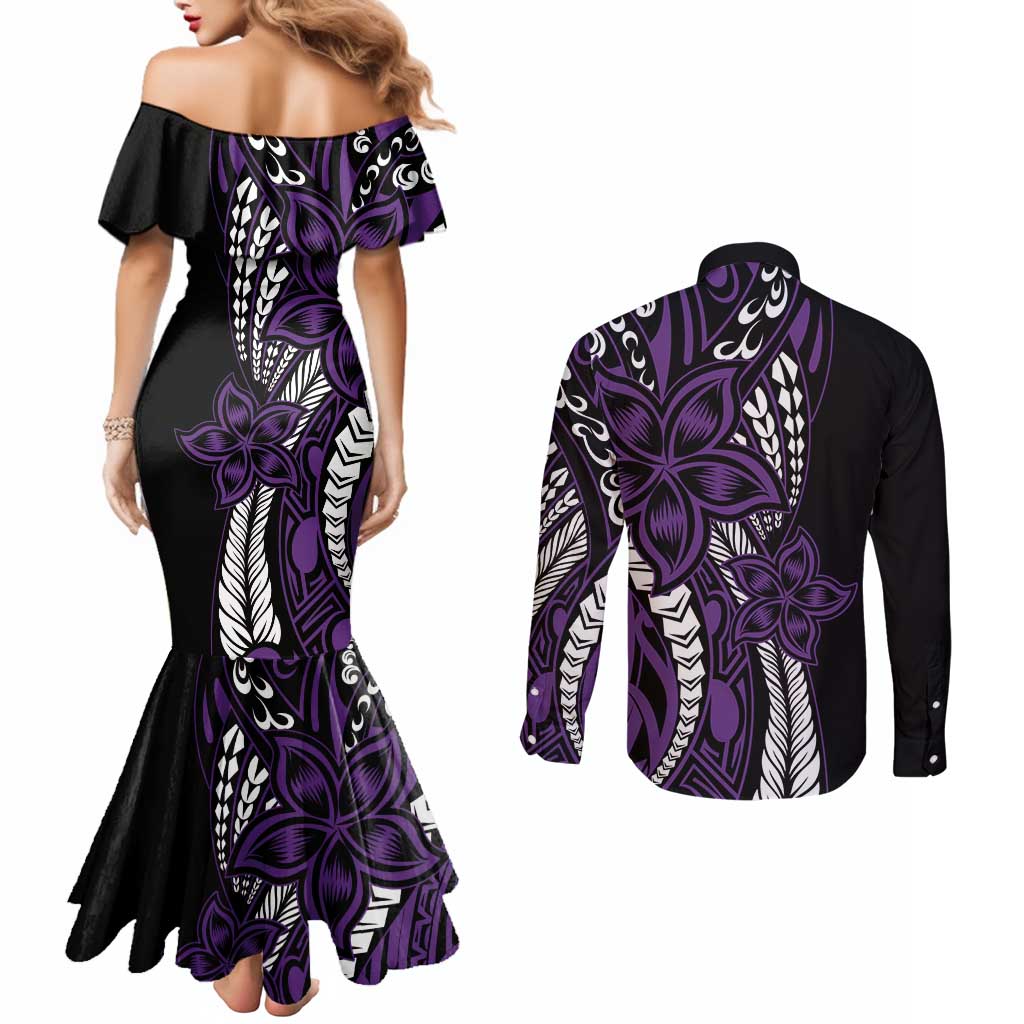 Polynesian Plumeria Floral Tattoo Pattern Couples Matching Mermaid Dress and Long Sleeve Button Shirt Purple Style LT9 - Polynesian Pride