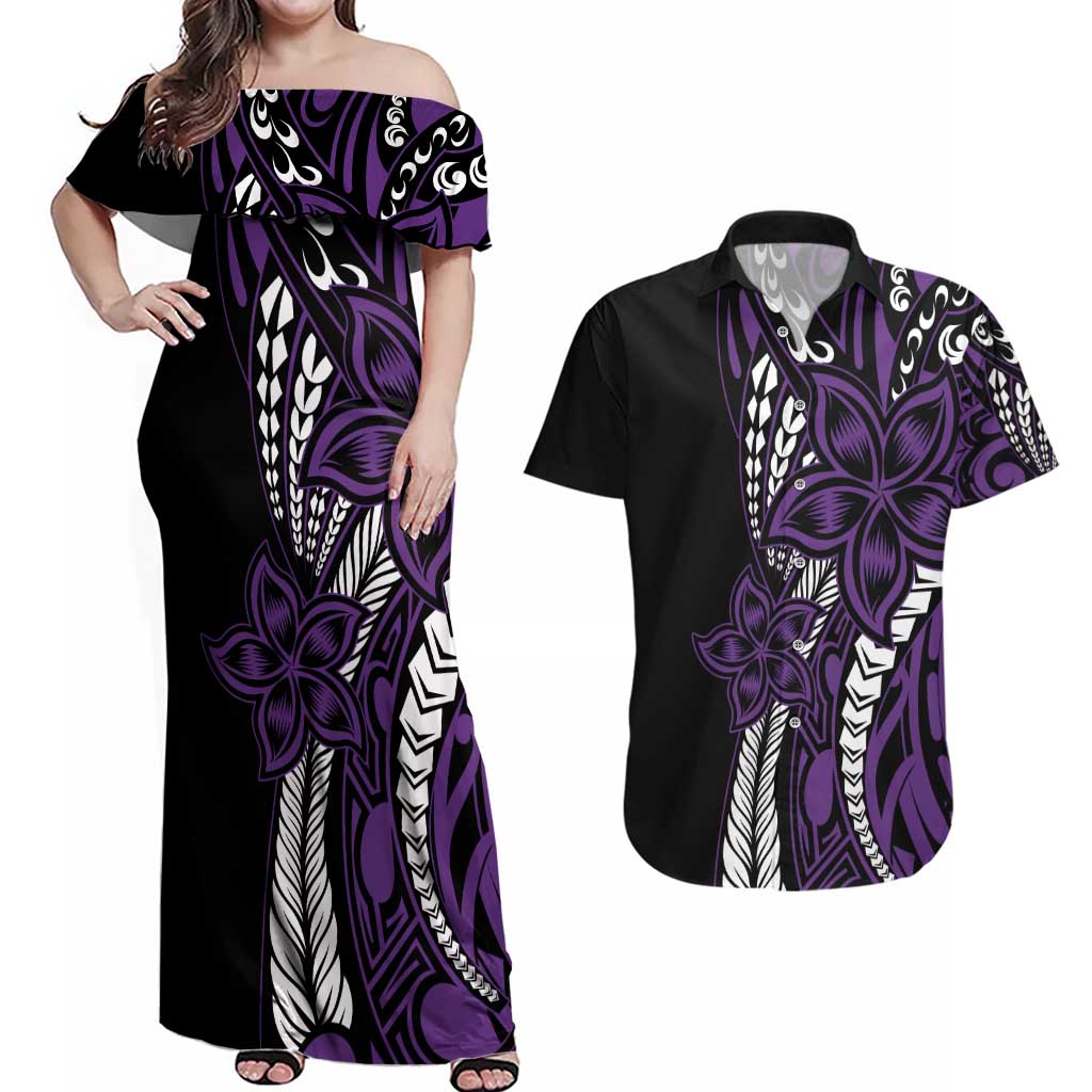 Polynesian Plumeria Floral Tattoo Pattern Couples Matching Off Shoulder Maxi Dress and Hawaiian Shirt Purple Style LT9 Purple - Polynesian Pride