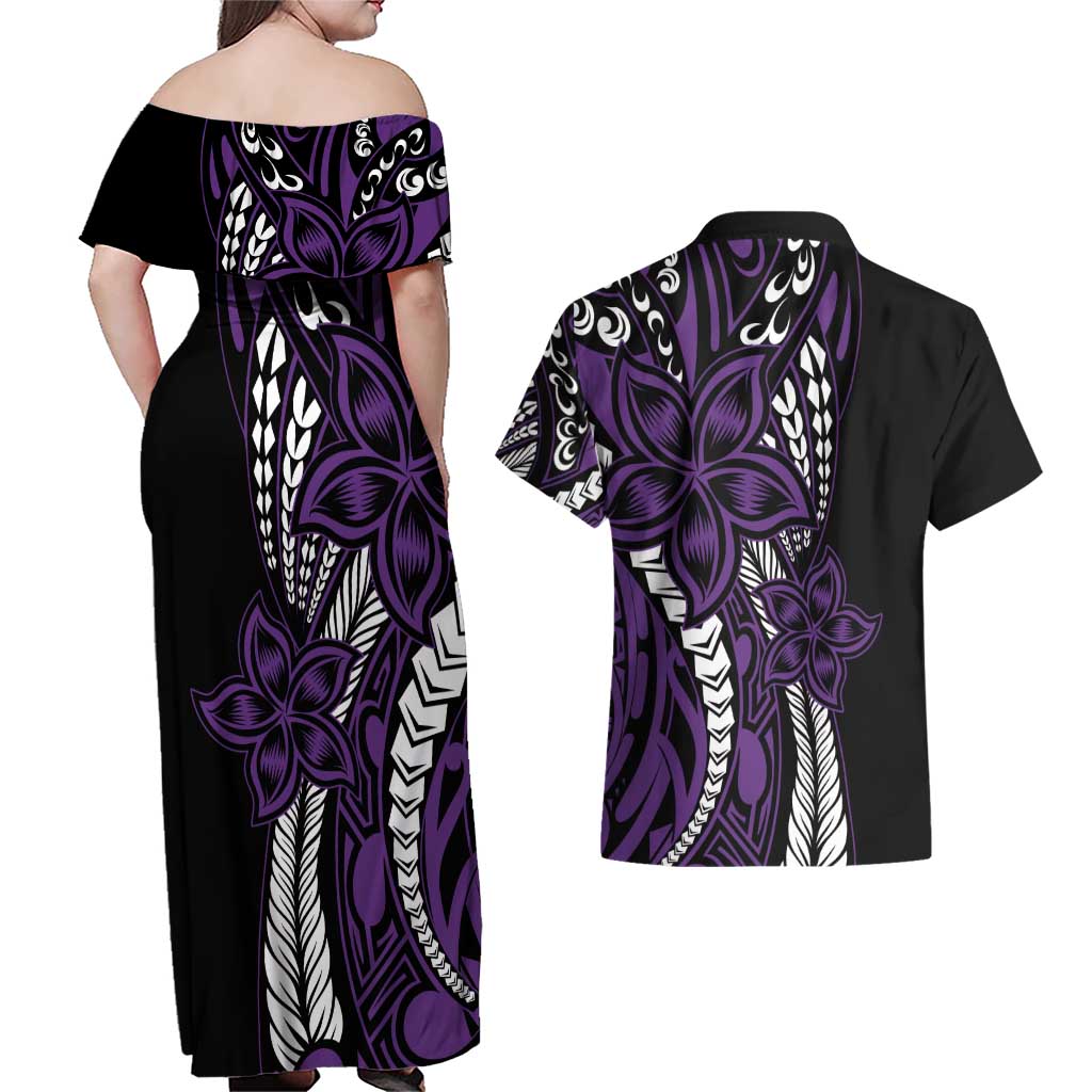 Polynesian Plumeria Floral Tattoo Pattern Couples Matching Off Shoulder Maxi Dress and Hawaiian Shirt Purple Style LT9 - Polynesian Pride