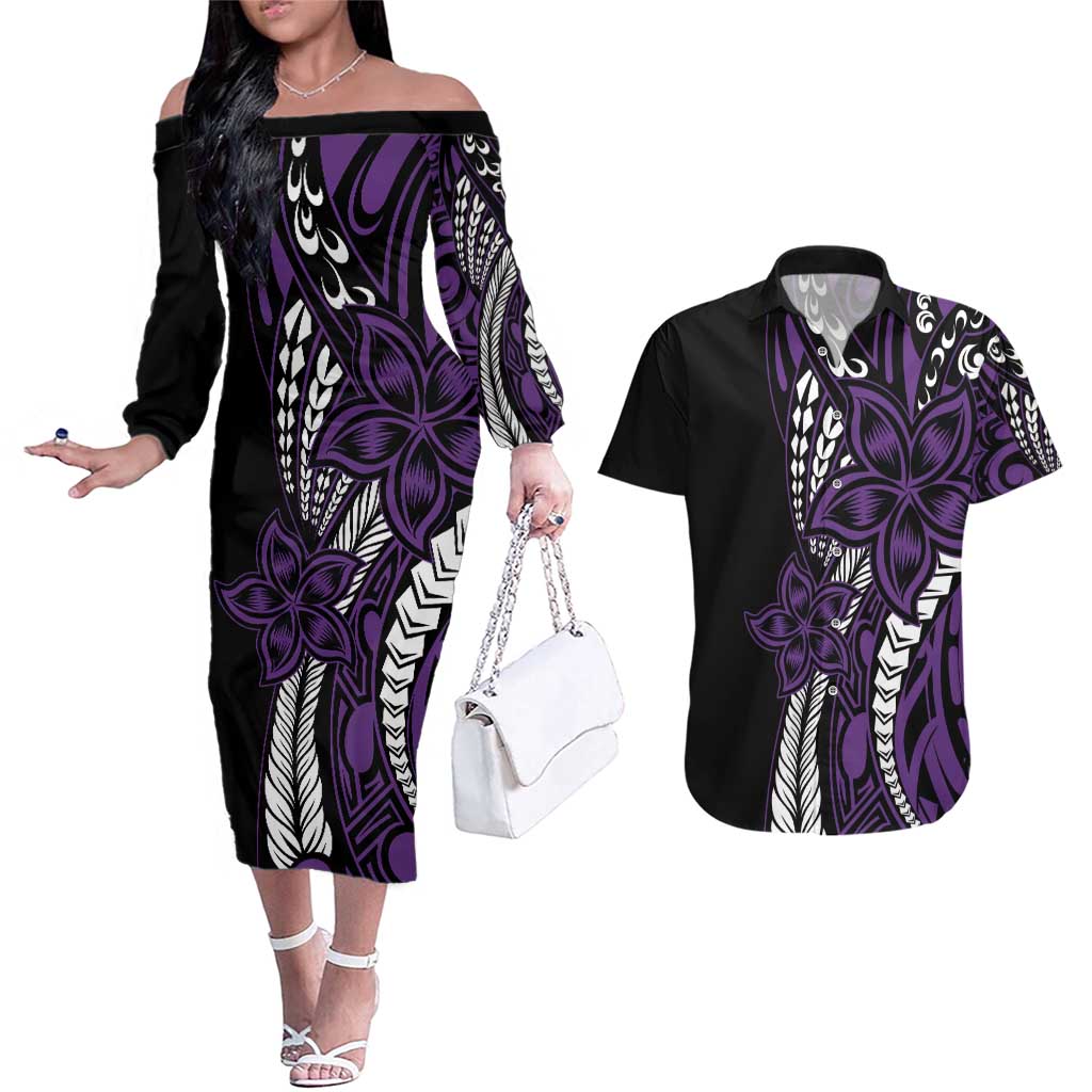 Polynesian Plumeria Floral Tattoo Pattern Couples Matching Off The Shoulder Long Sleeve Dress and Hawaiian Shirt Purple Style LT9 Purple - Polynesian Pride