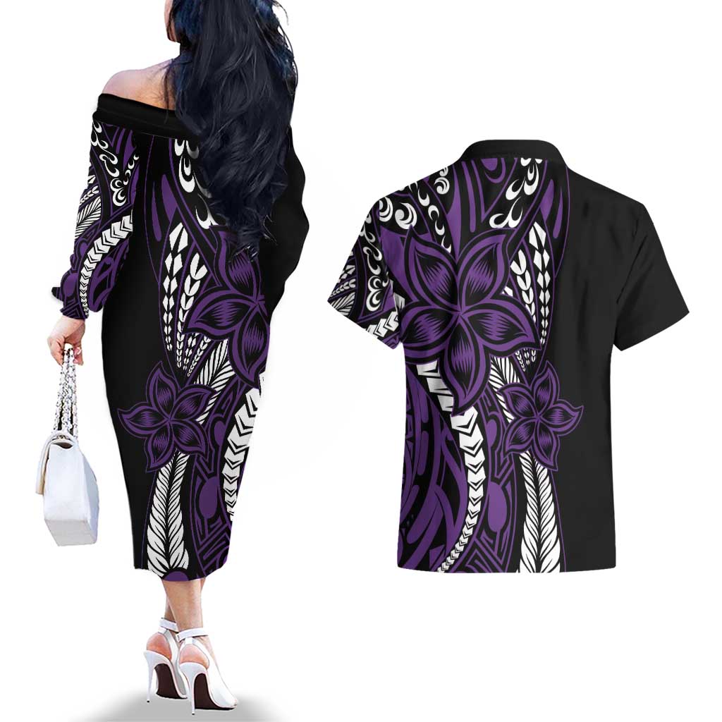 Polynesian Plumeria Floral Tattoo Pattern Couples Matching Off The Shoulder Long Sleeve Dress and Hawaiian Shirt Purple Style LT9 - Polynesian Pride