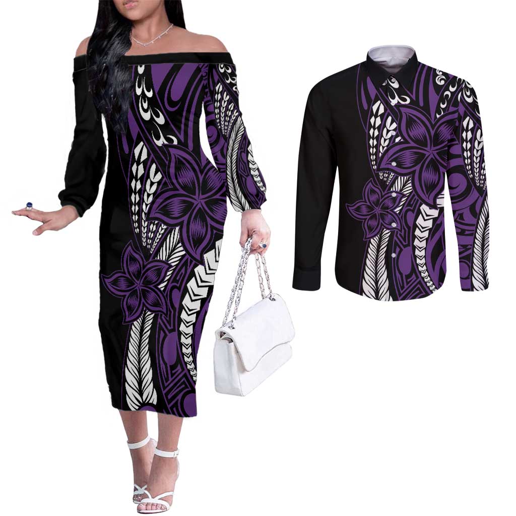 Polynesian Plumeria Floral Tattoo Pattern Couples Matching Off The Shoulder Long Sleeve Dress and Long Sleeve Button Shirt Purple Style LT9 Purple - Polynesian Pride