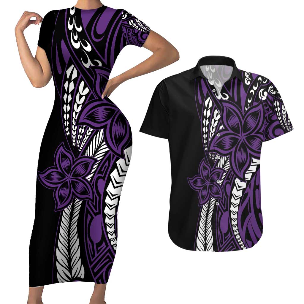 Polynesian Plumeria Floral Tattoo Pattern Couples Matching Short Sleeve Bodycon Dress and Hawaiian Shirt Purple Style LT9 Purple - Polynesian Pride