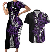 Polynesian Plumeria Floral Tattoo Pattern Couples Matching Short Sleeve Bodycon Dress and Hawaiian Shirt Purple Style LT9 Purple - Polynesian Pride