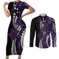 Polynesian Plumeria Floral Tattoo Pattern Couples Matching Short Sleeve Bodycon Dress and Long Sleeve Button Shirt Purple Style LT9 Purple - Polynesian Pride