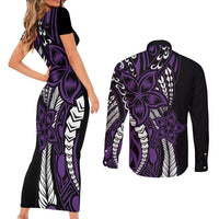 Polynesian Plumeria Floral Tattoo Pattern Couples Matching Short Sleeve Bodycon Dress and Long Sleeve Button Shirt Purple Style LT9 - Polynesian Pride