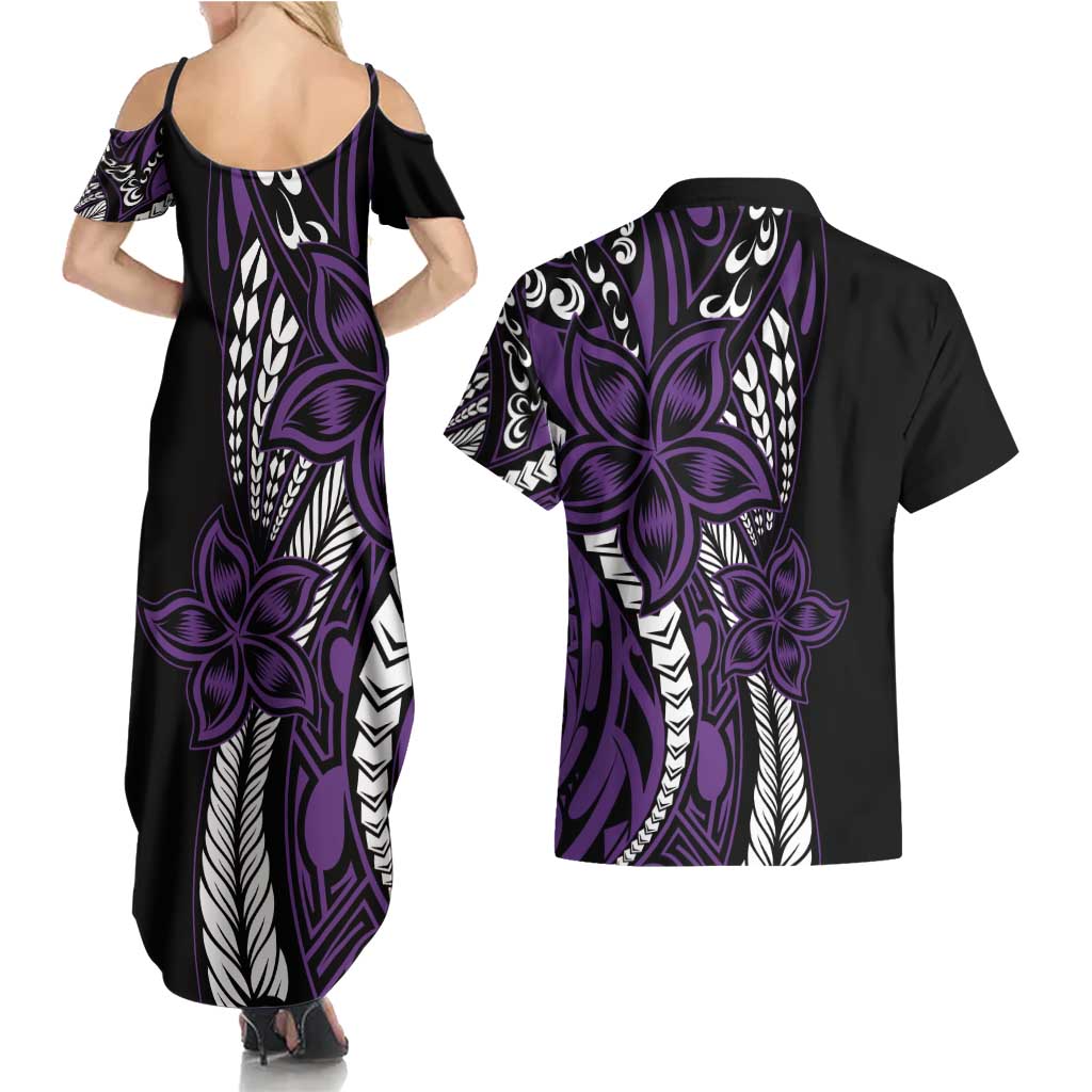 Polynesian Plumeria Floral Tattoo Pattern Couples Matching Summer Maxi Dress and Hawaiian Shirt Purple Style LT9 - Polynesian Pride