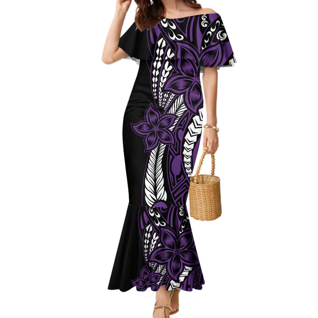 Polynesian Plumeria Floral Tattoo Pattern Family Matching Mermaid Dress and Hawaiian Shirt Purple Style LT9 Mom's Dress Purple - Polynesian Pride