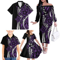 Polynesian Plumeria Floral Tattoo Pattern Family Matching Off The Shoulder Long Sleeve Dress and Hawaiian Shirt Purple Style LT9 - Polynesian Pride